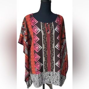 VINCE CAMUTO Tunic Top Medium Multicolor‎ Geometric Kimono Sleeve Popover NWOT